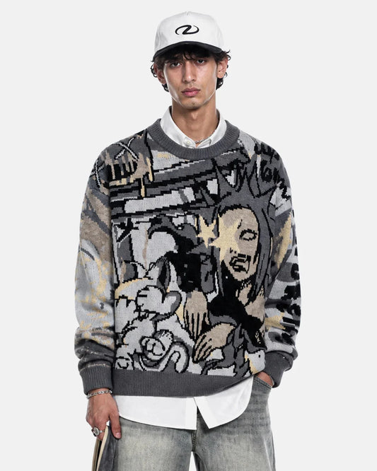 Front view of a comic graphic crew neck knitted jumper