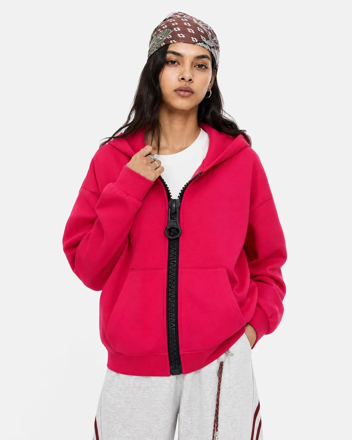 Close-up of the hoodie hem and chunky knit texture