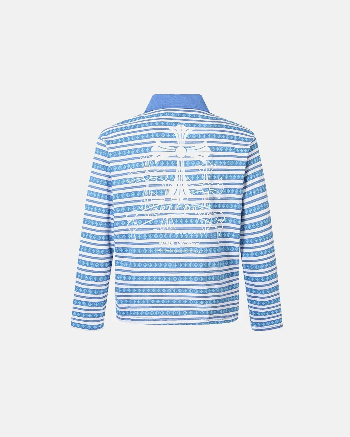 Close-up of the cross graphic on the polo shirt