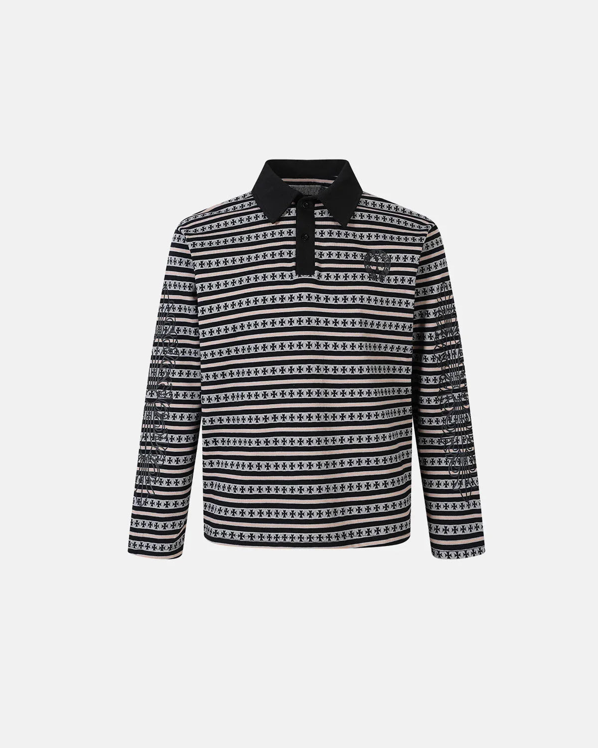 Side view of the cross graphic striped polo shirt