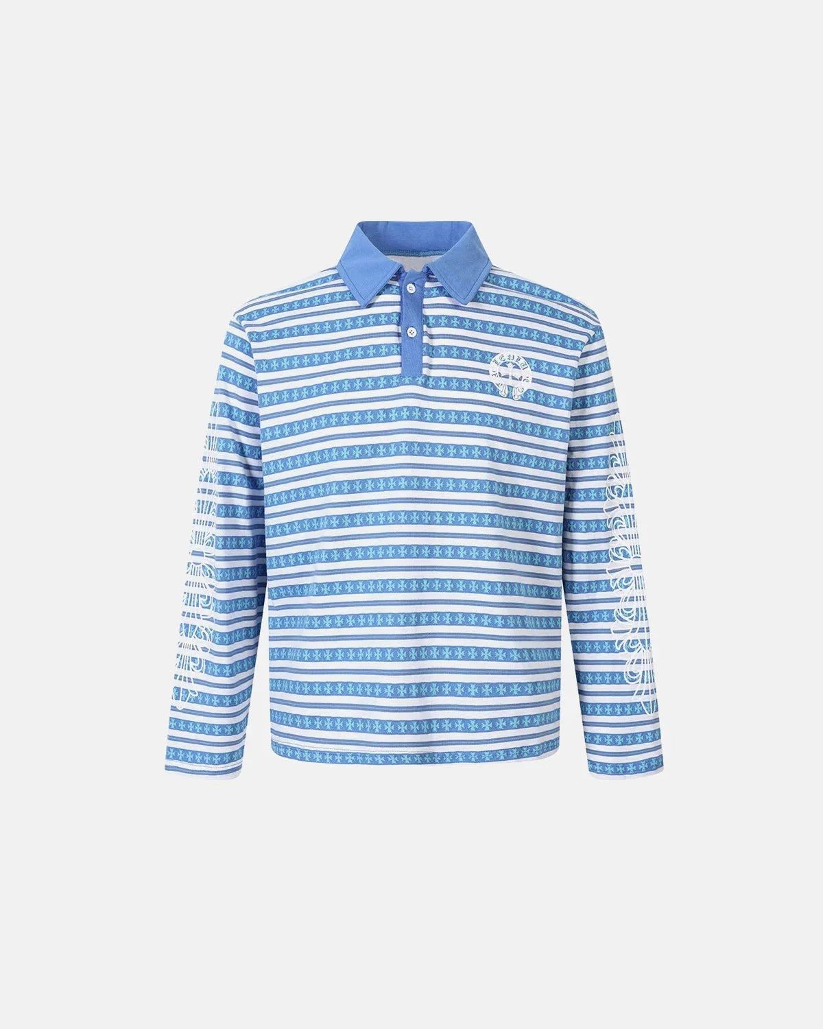 Cross graphic striped polo shirt shown from the back