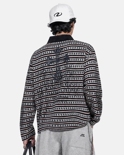Full view of the cross graphic striped polo shirt