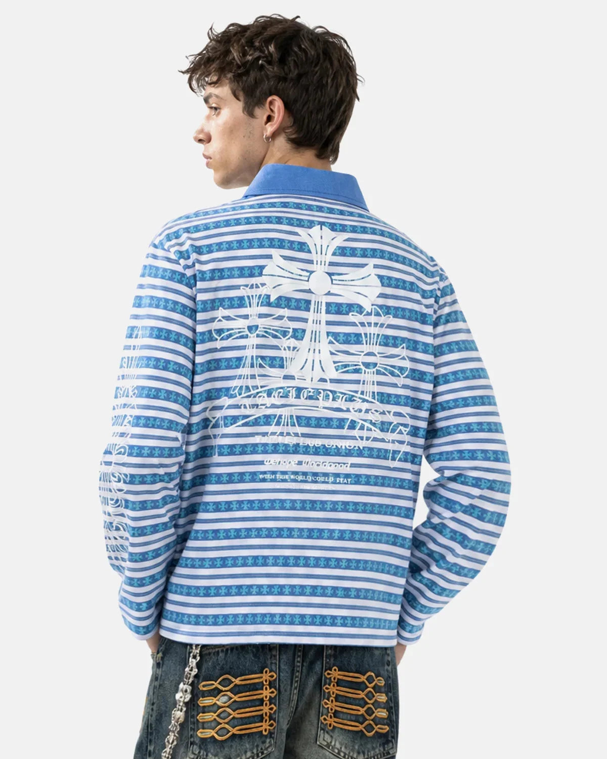 Close-up of the striped pattern on the polo shirt