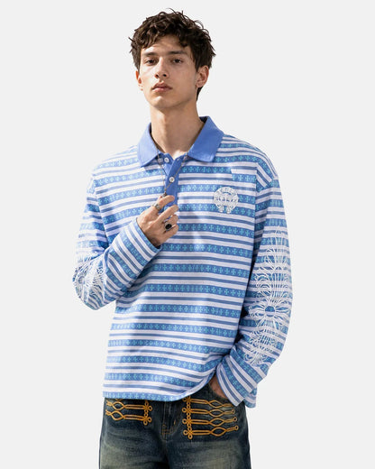 Cross graphic striped polo shirt shown from the front