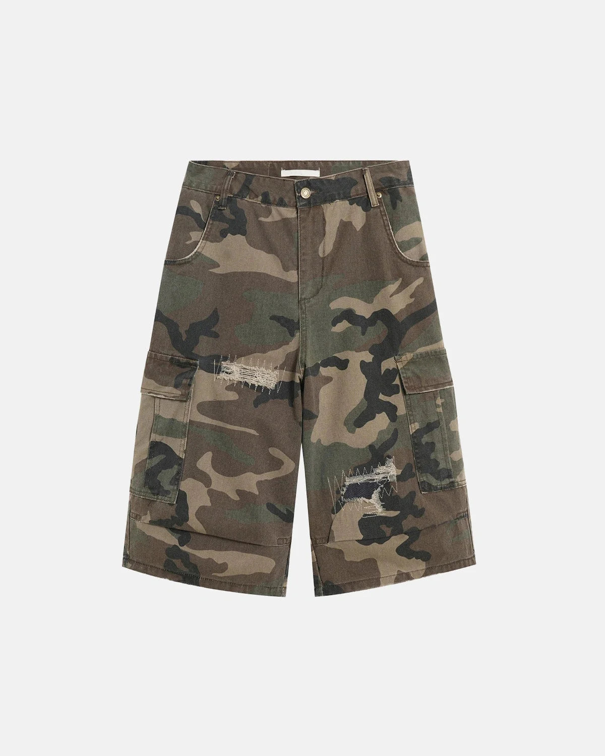 Distressed Camo Cargo Shorts With Cargo Pockets