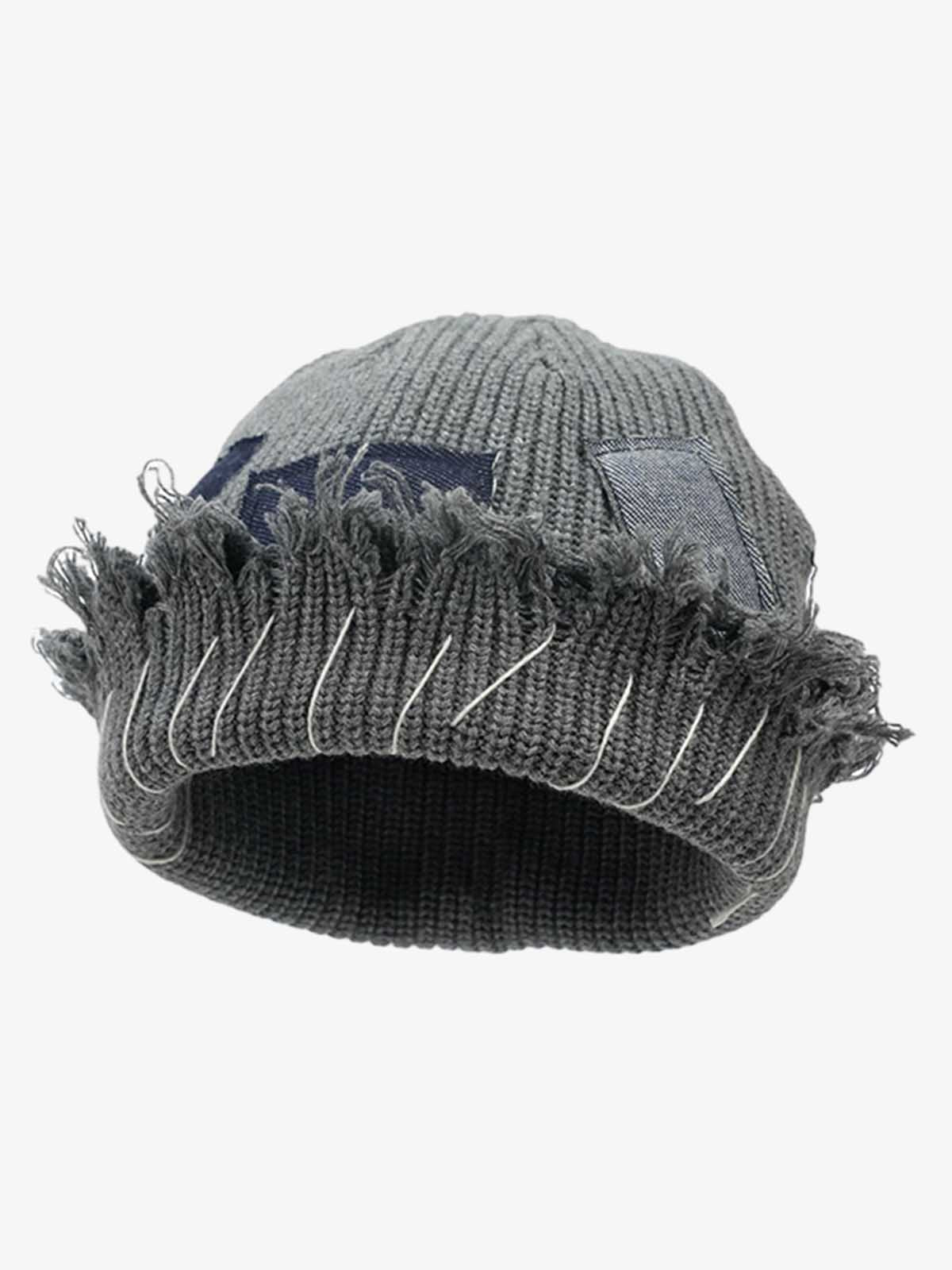 Distressed denim beanie styled as an everyday casual hat