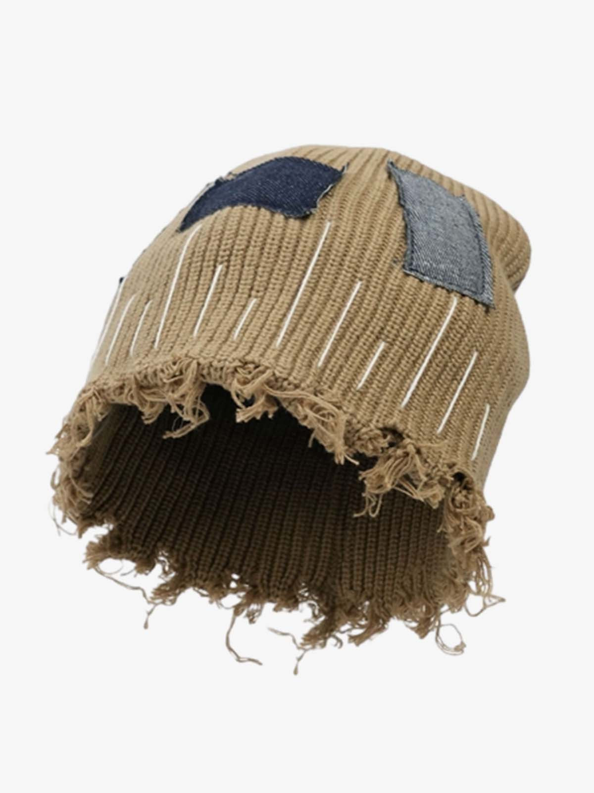 Front view of a distressed denim beanie streetwear hat