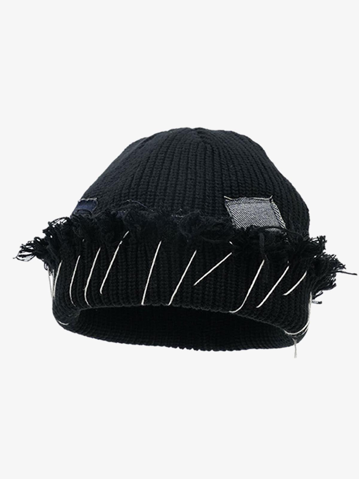 Side view of a frayed-edge denim streetwear beanie