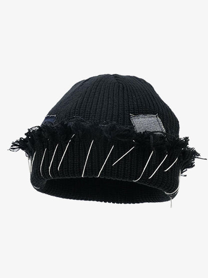 Side view of a frayed-edge denim streetwear beanie