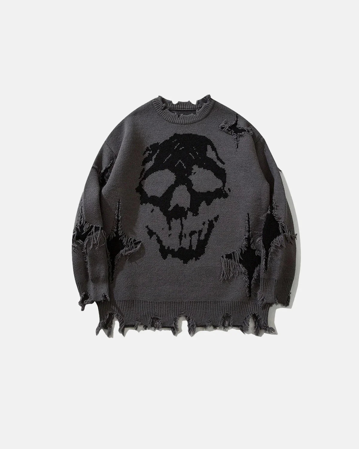 Distressed skull knit sweater shown from the front