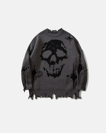Distressed skull knit sweater shown from the front