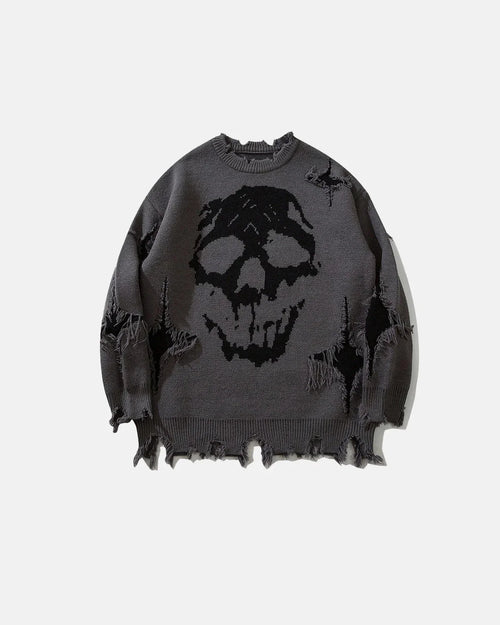 Distressed skull knit sweater shown from the front