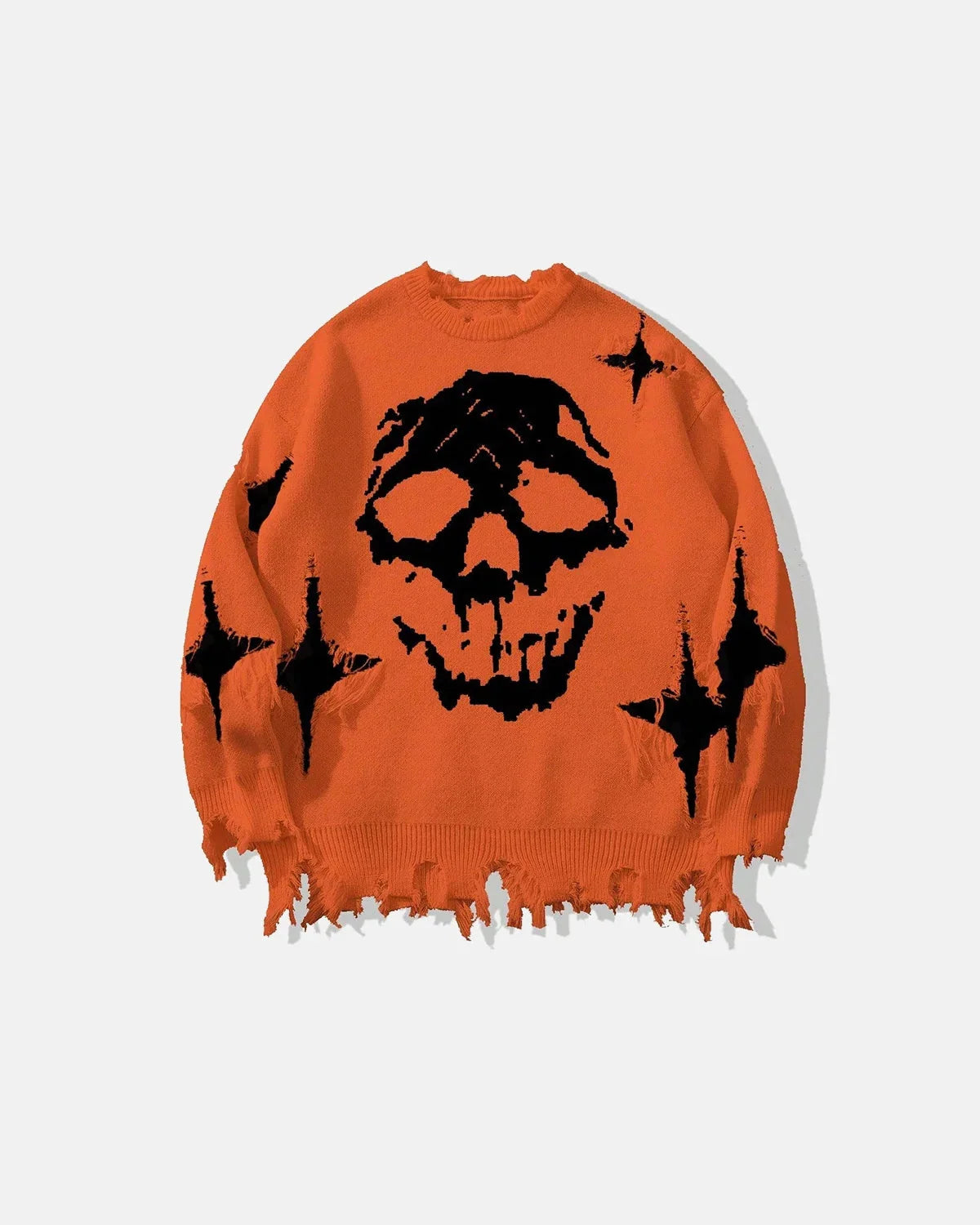 Full view of the skull knit sweater styled for everyday wear