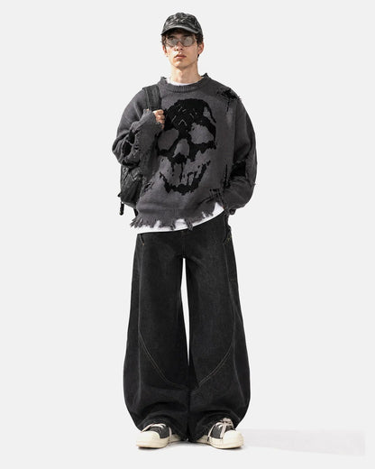 Side view of the distressed skull knit sweater