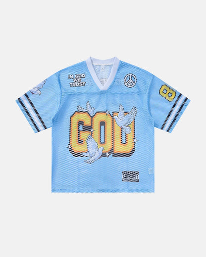 Dove graphic mesh football jersey displayed against a plain background