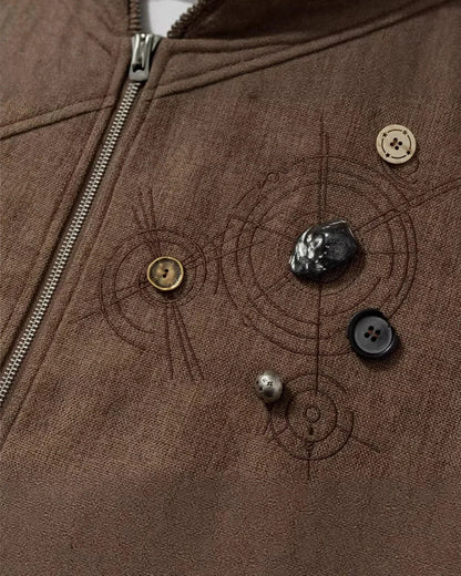 Detailed view of the jacket collar and embroidered finish
