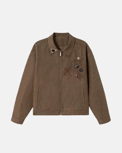 Front view of an embroidered boxy workwear jacket