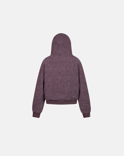 Fuzzy striped hoodie featuring a full-length front zip and hood