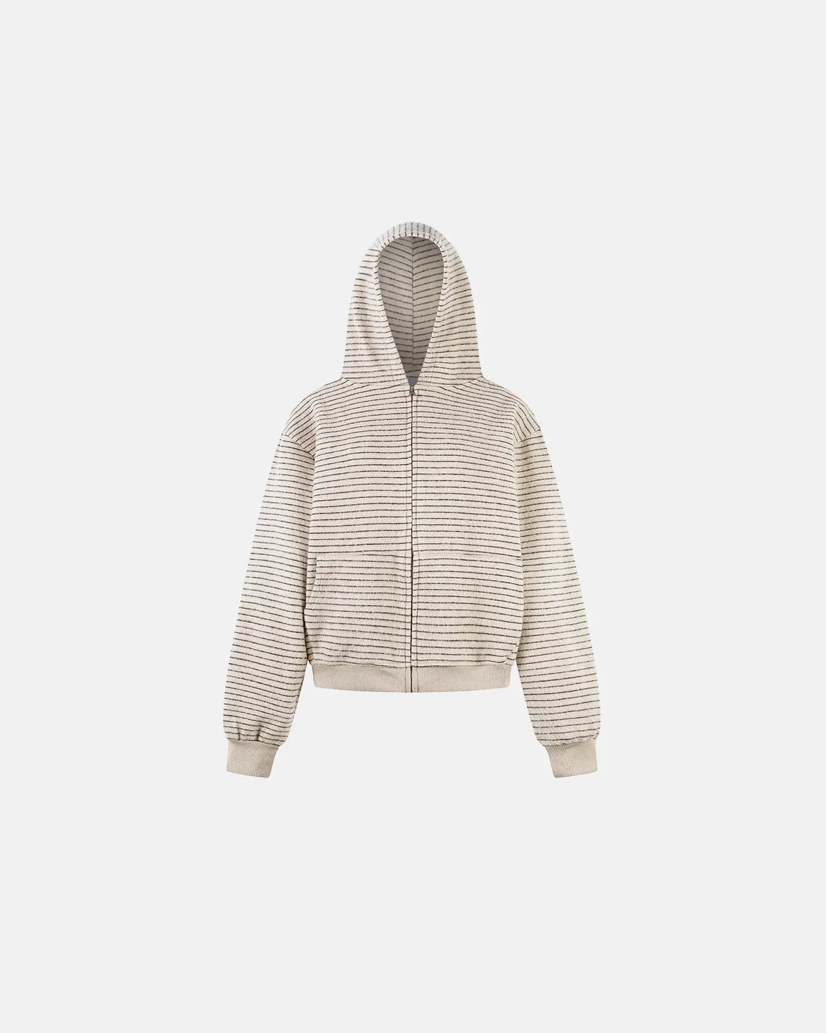Front detail of the zip fastening on the fuzzy striped hoodie
