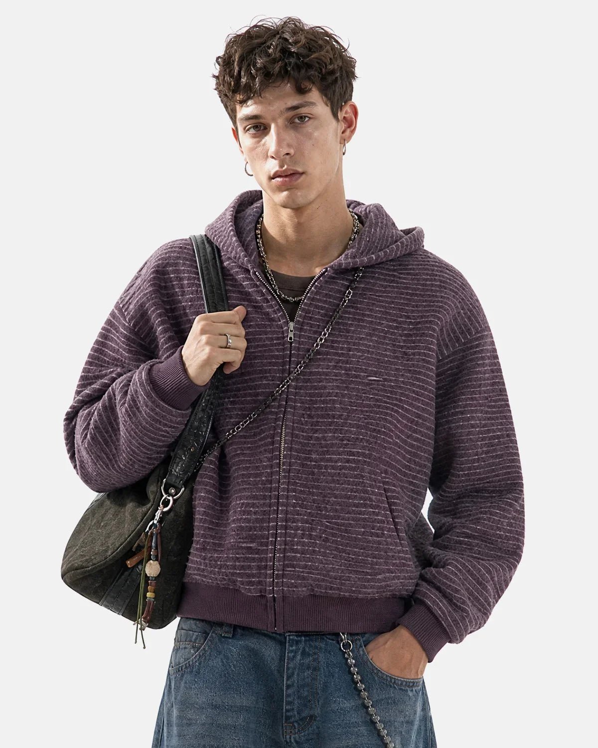 Striped fuzzy zip-up hoodie shown from the front with a relaxed boxy fit