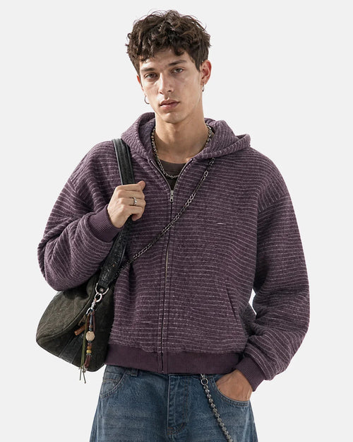 Striped fuzzy zip-up hoodie shown from the front with a relaxed boxy fit