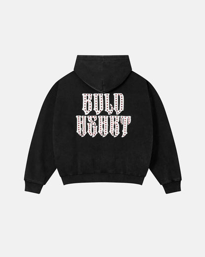 Gothic letter washed zip-up hoodie with the hood displayed
