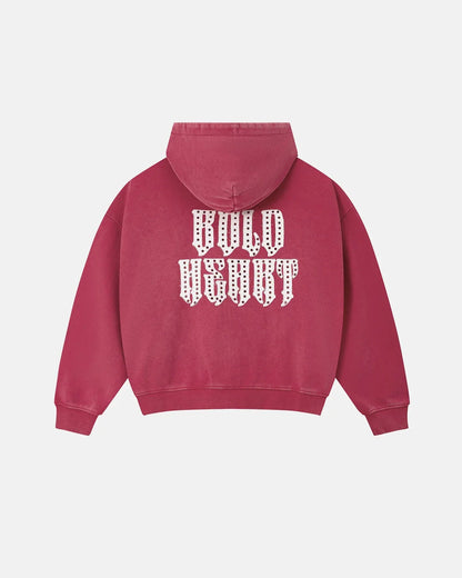 Side view of the gothic letter zip-up hoodie