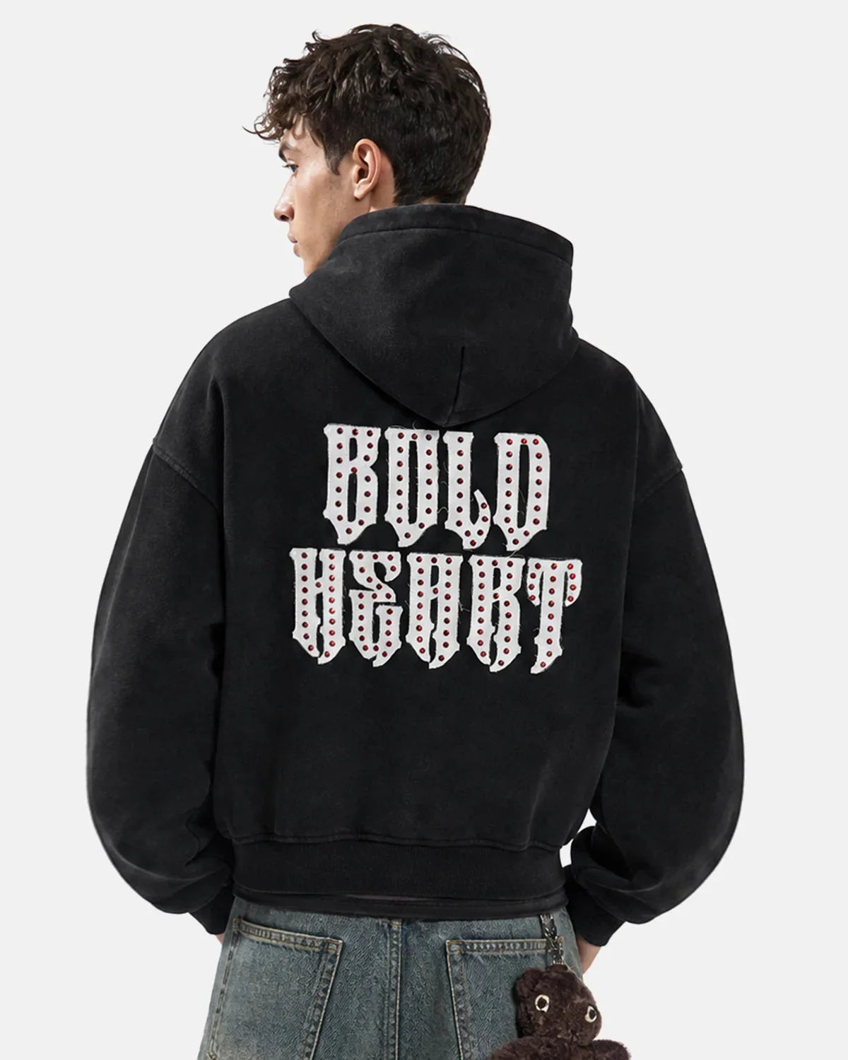Gothic letter washed zip-up hoodie shown from the front