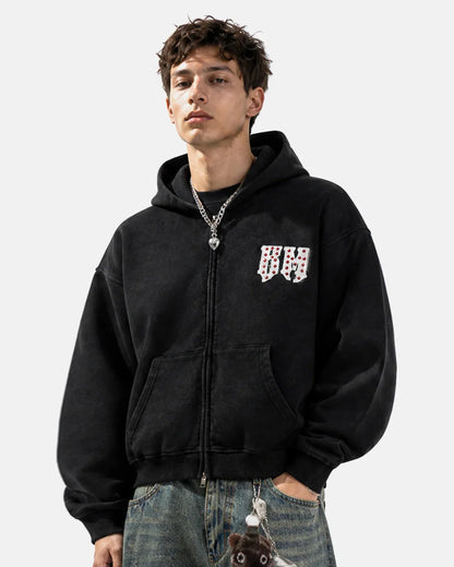 Full-length view of the washed zip-up hoodie