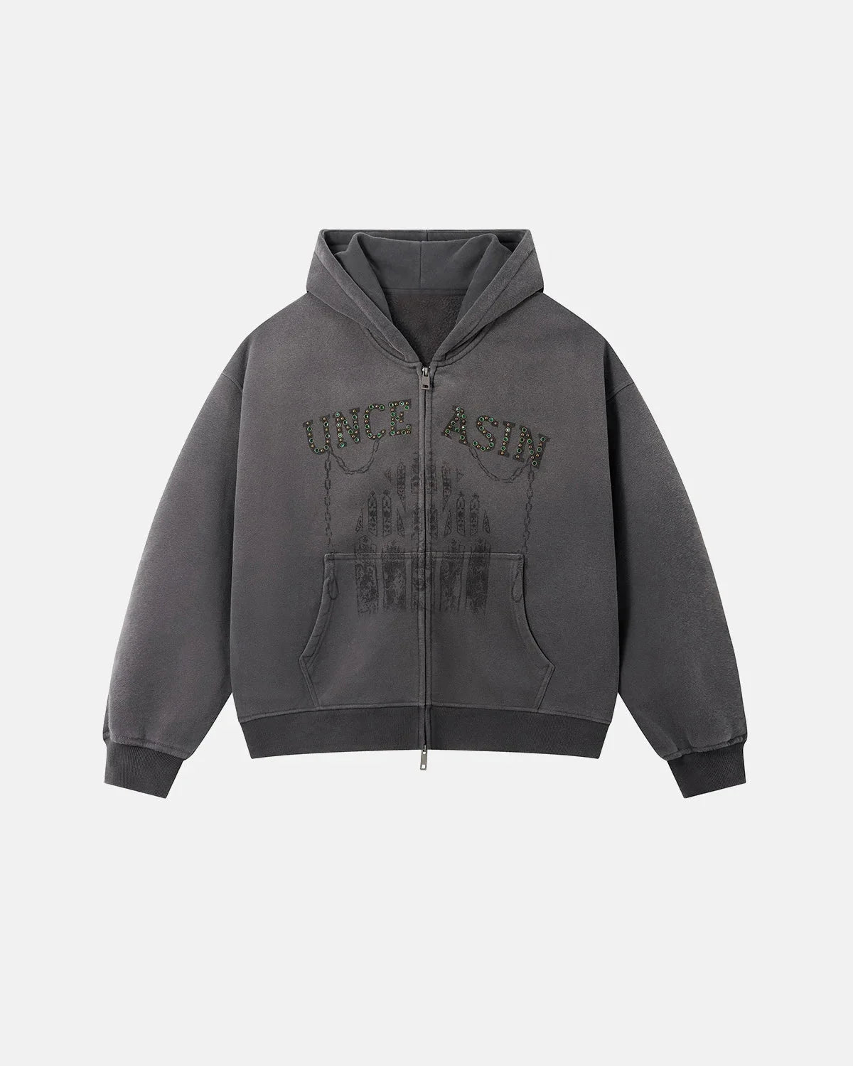 Gothic Rhinestone Washed Zip-Up Hoodie