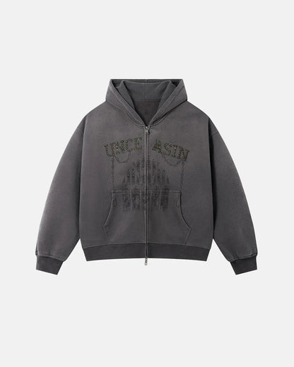 Gothic Rhinestone Washed Zip-Up Hoodie