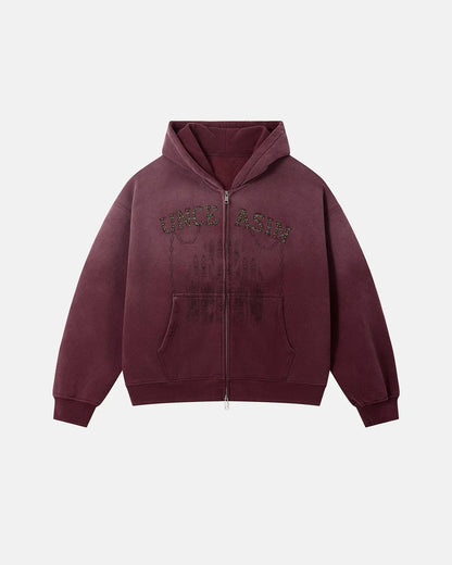 Front view of a gothic rhinestone washed zip-up hoodie