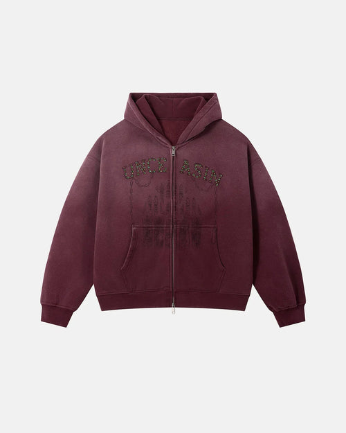 Front view of a gothic rhinestone washed zip-up hoodie