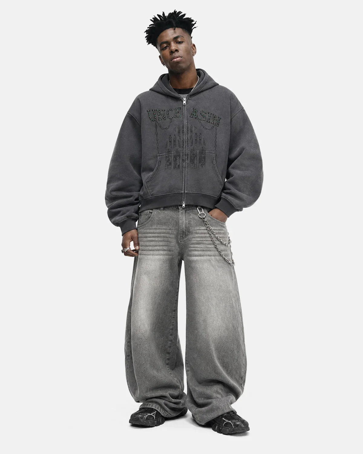 Zip fastening on the gothic washed hoodie
