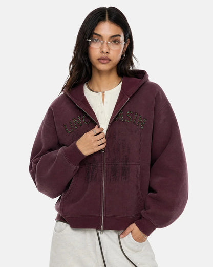 Front pocket detail on the washed zip-up hoodie