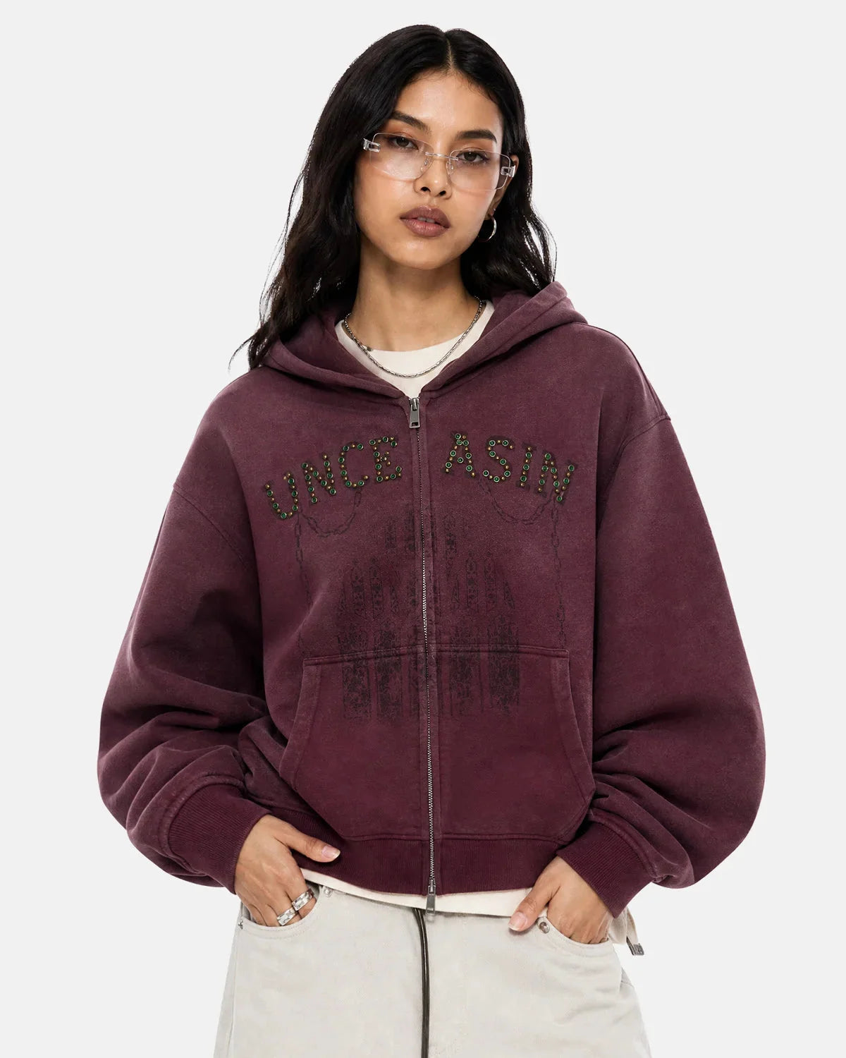 Washed fabric texture on the zip-up hoodie