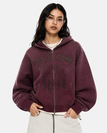 Washed fabric texture on the zip-up hoodie