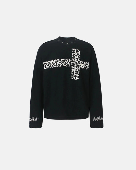 Leopard cross graphic waffle T-shirt displayed against a plain background
