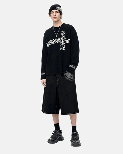 Short-sleeve leopard cross graphic T-shirt styled for streetwear