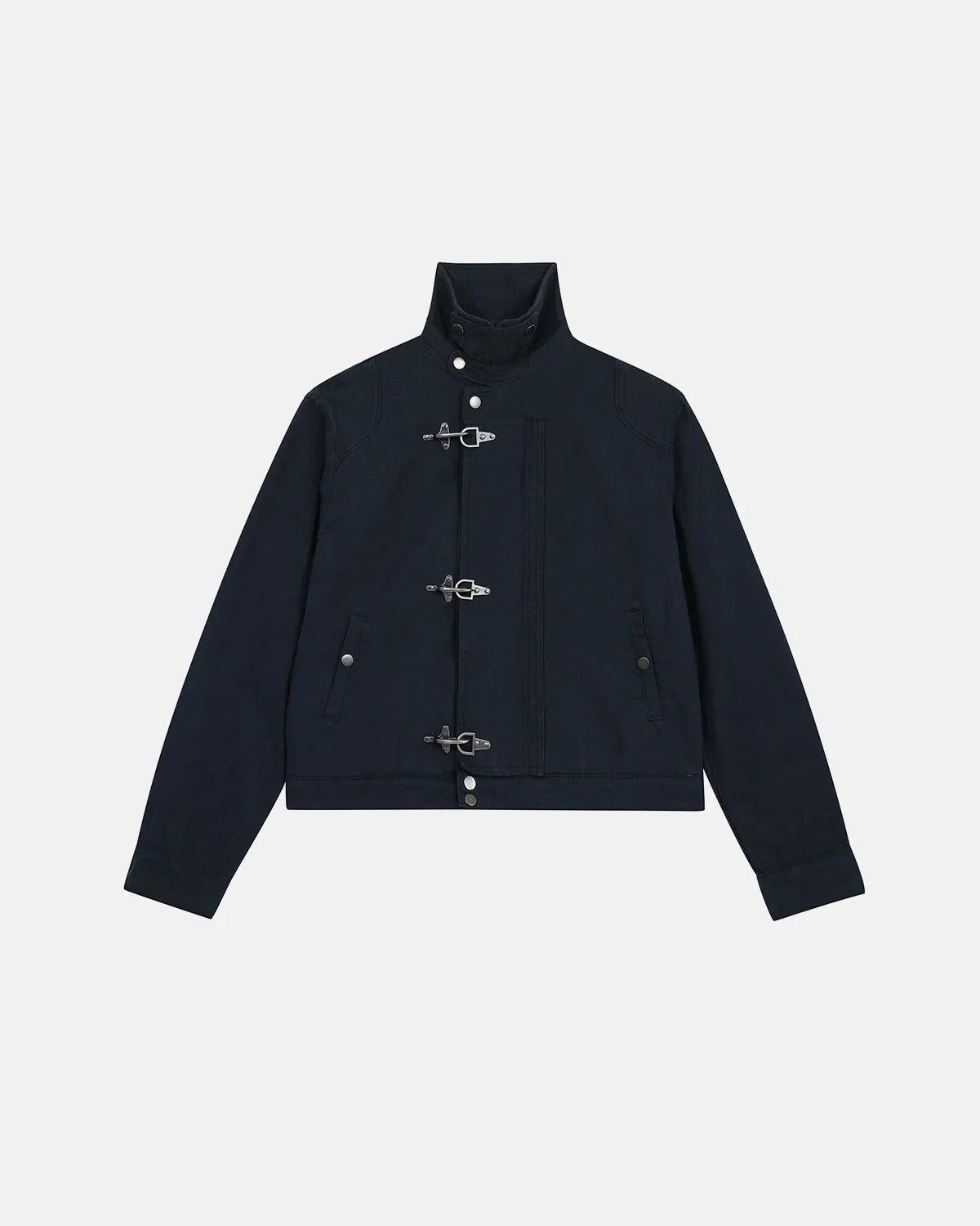 Close-up of the jacket's metal clasp fastening
