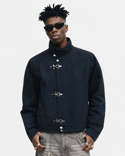 Boxy workwear jacket with metal clasp shown from the front