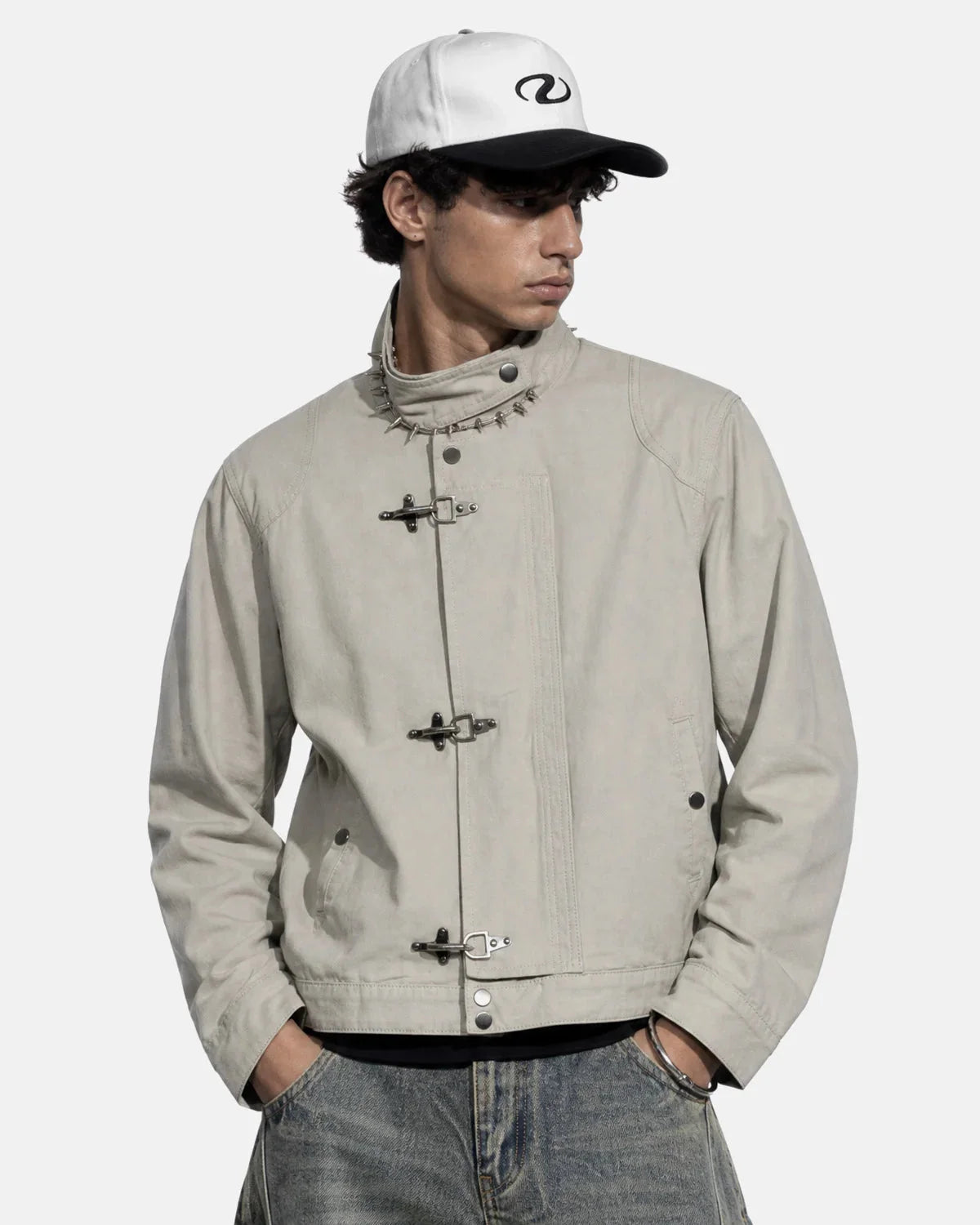 Full view of the workwear jacket on a model