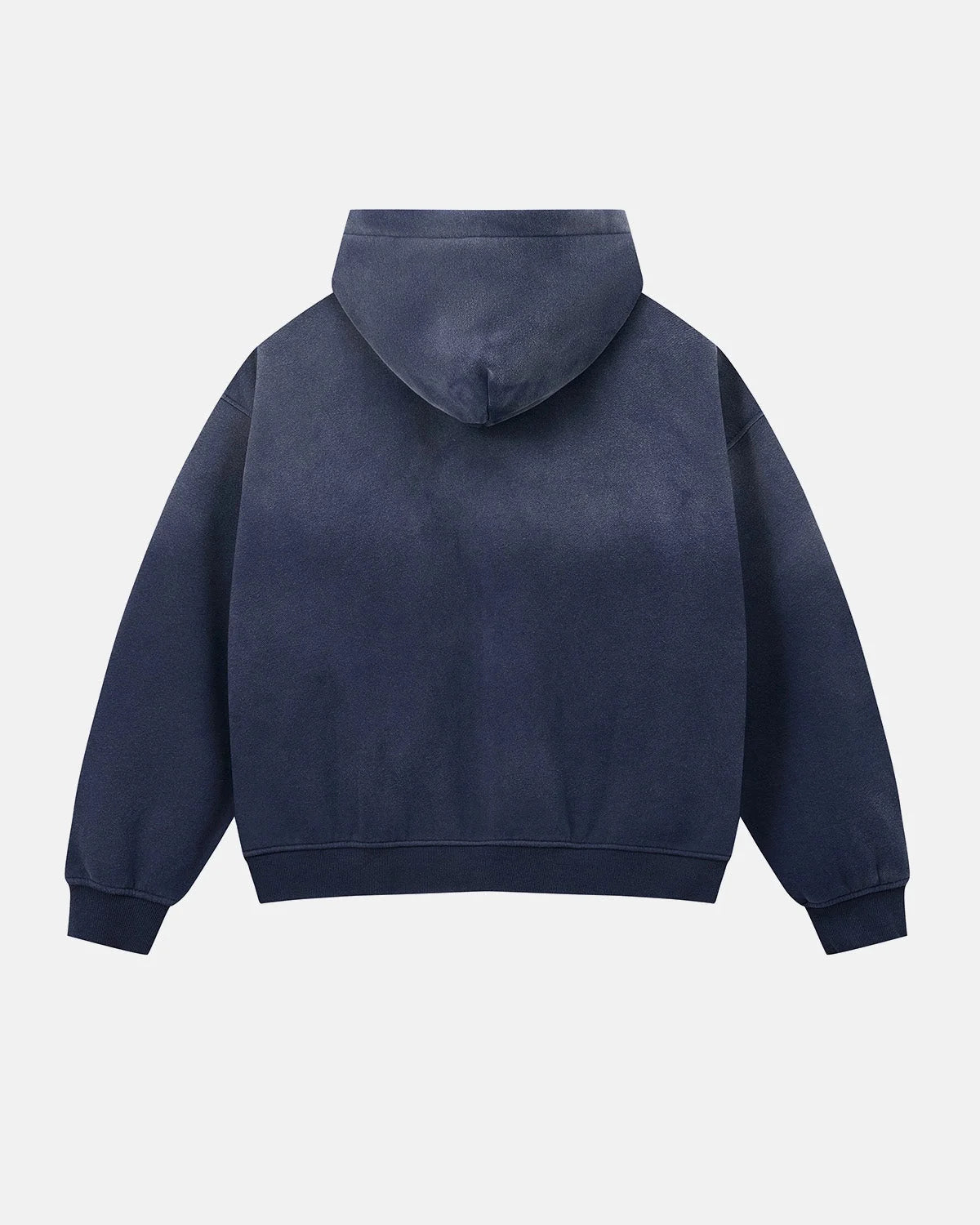 Boxy-fit monkey hoodie showing the hood, zip and long sleeves