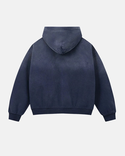 Boxy-fit monkey hoodie showing the hood, zip and long sleeves