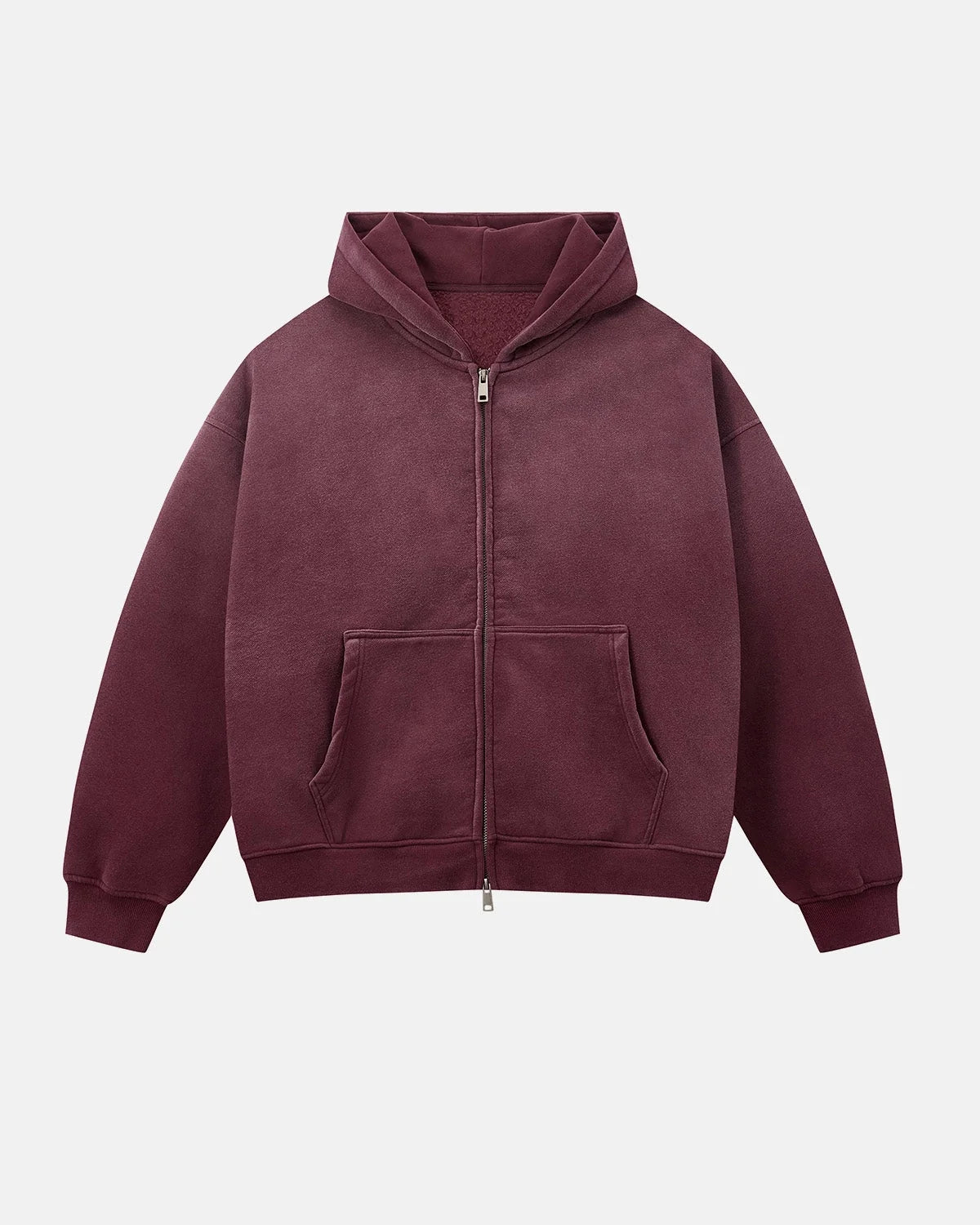 Back view of the washed fleece boxy zip-up hoodie