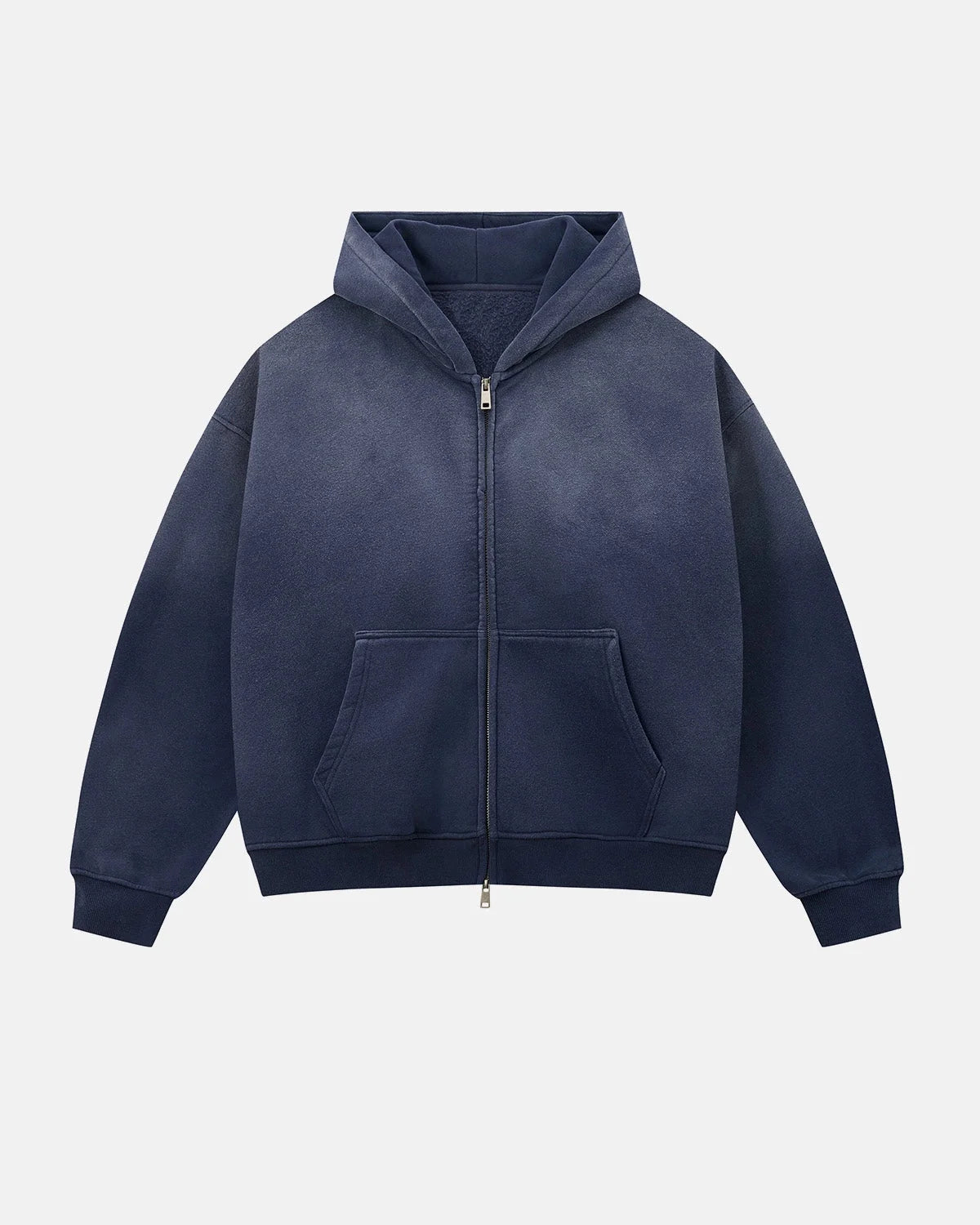 Front view of a monkey washed fleece hoodie with a full zip fastening