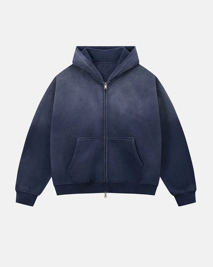 Front view of a monkey washed fleece hoodie with a full zip fastening