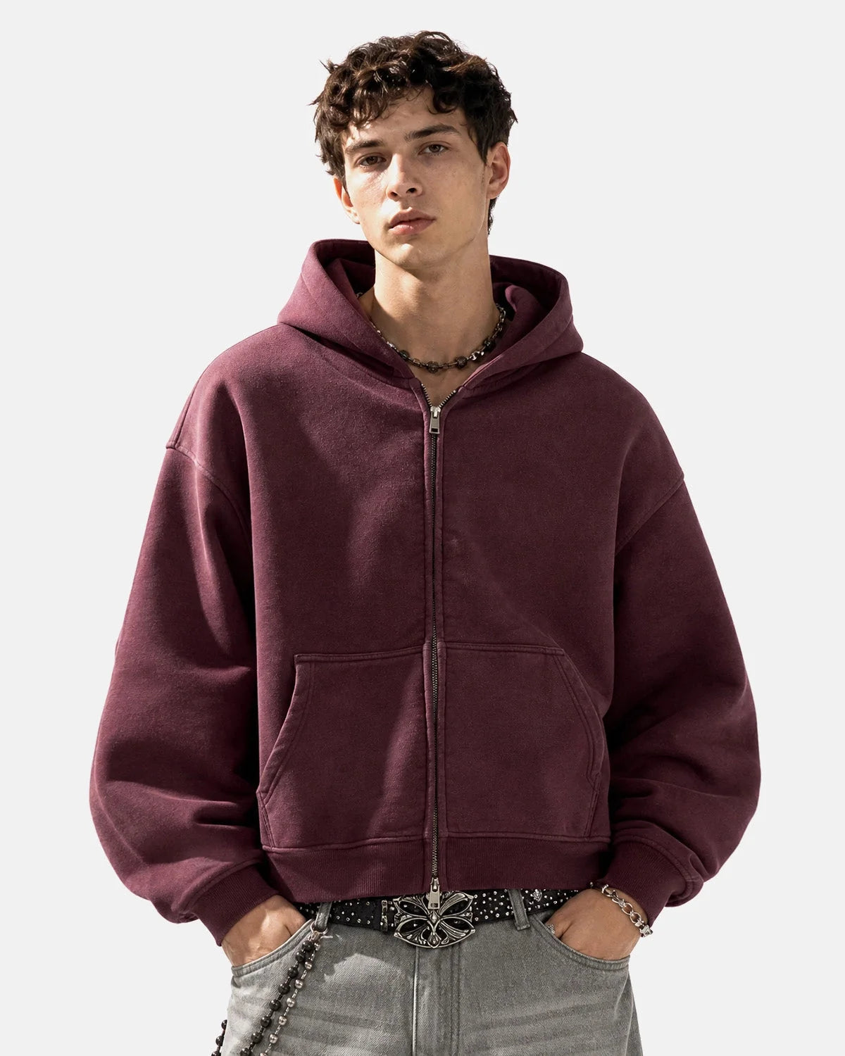 Full-length view of the monkey fleece hoodie with ribbed cuffs