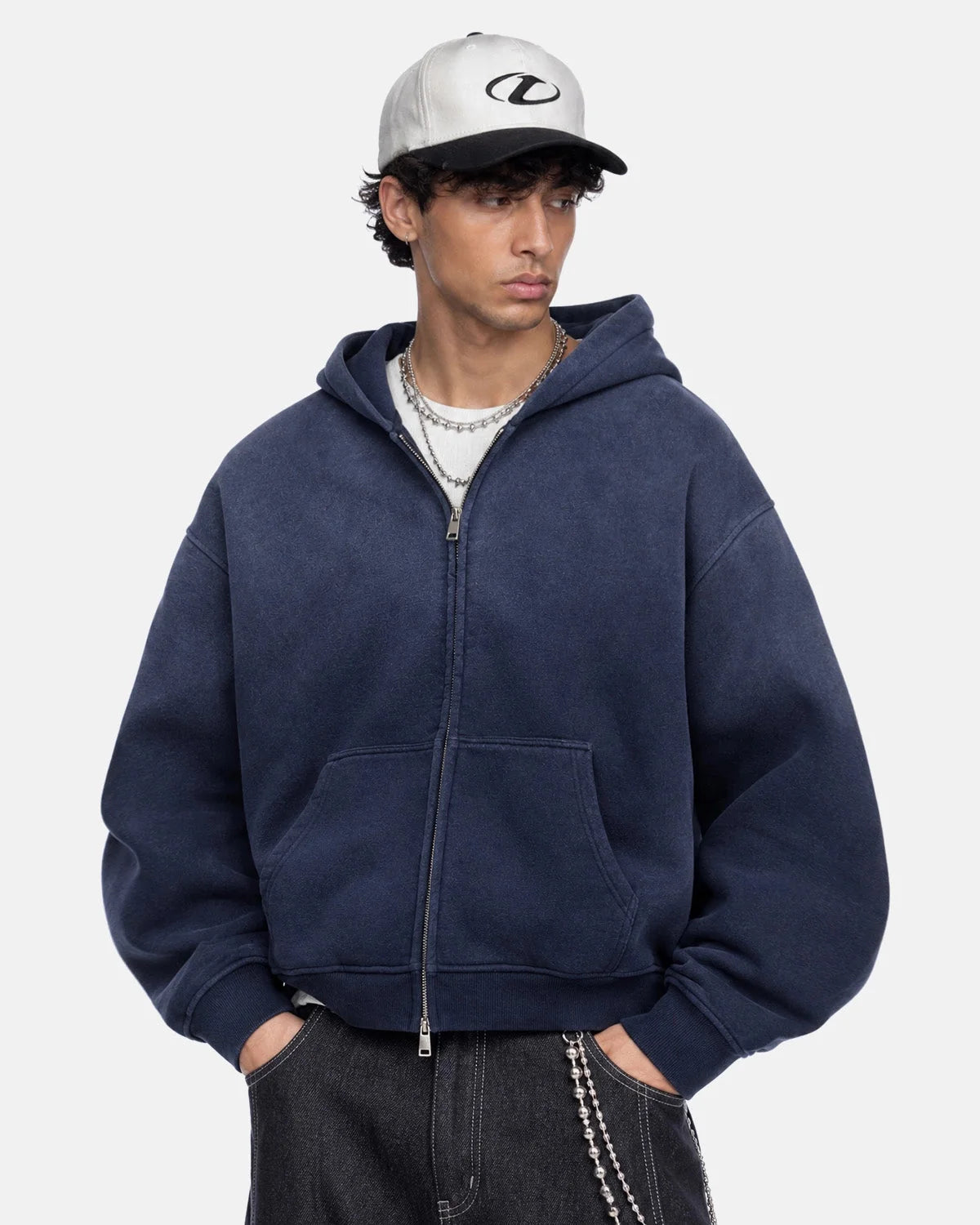 Monkey washed fleece boxy zip-up hoodie displayed from the front