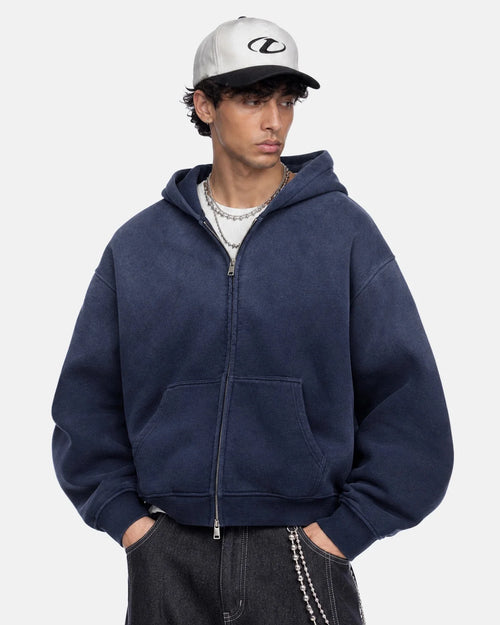 Monkey washed fleece boxy zip-up hoodie displayed from the front